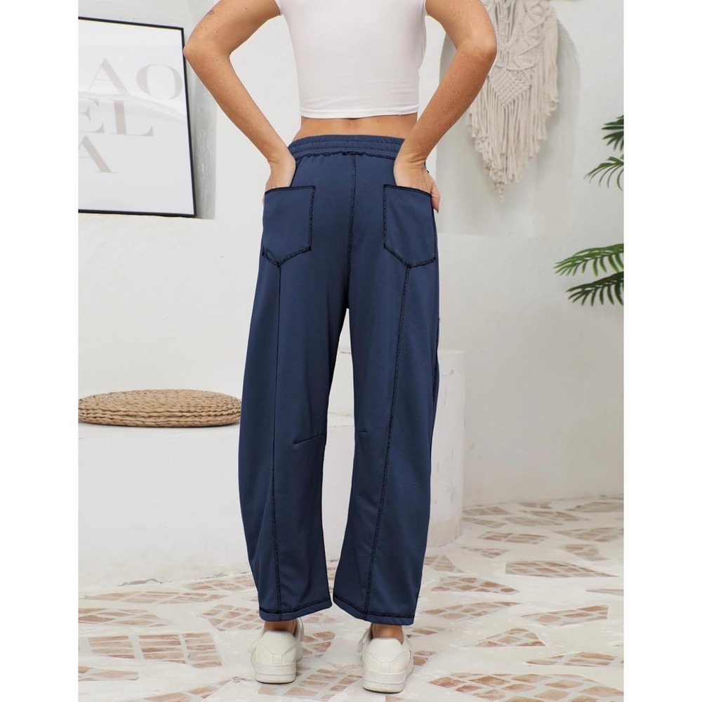 Athlisan Womens Baggy Barrel Pants Wide Leg Lounge Drawstring Sweatpants Navy S - Picture 3 of 5